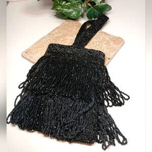 Antique Flapper Deco Era 1920s Black Glass Beaded Fringe Bag Purse EXC,
